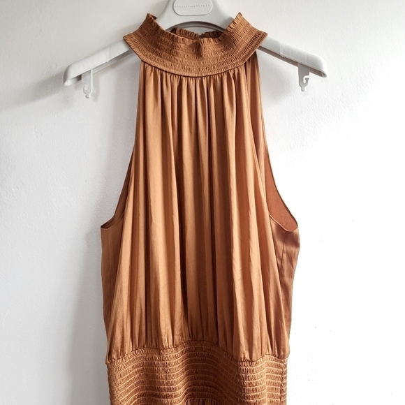 New Ramy Brook Belle Halter Neck Sleeveless Smocked Light Cognac Midi Dress Sz M - Picture 6 of 12